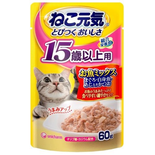 JAN 4520699636527 ねこ元気 総合栄養食 パウチ 15歳以上 お魚ミックス(60g) ユニ・チャーム株式会社 ペット・ペットグッズ 画像